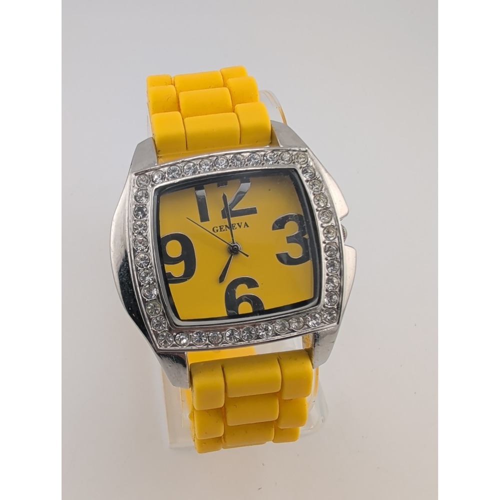 Geneva Women's Watch 39mm Silver Case Rhinestone Bezel Yellow Band- New Battery